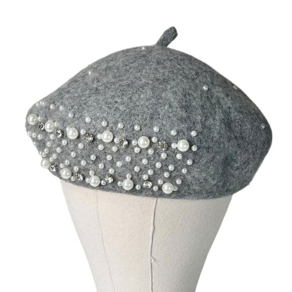 NEW Beret Hat Gray Wool Felt Beaded Embellished Rhinestones Pearls Coquette 90s - Picture 12 of 12